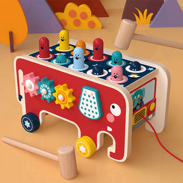 MindKiddo® Montessori Animal Bus – Wooden Pounding Toy & Musical Bench for Toddlers